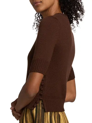 Oscar de la Renta Women's Ribbed-Trim Wool Three-Quarter-Sleeve Sweater - Mahogany - Size XL | Thumbnail 6