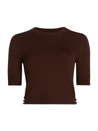 Oscar de la Renta Women's Ribbed-Trim Wool Three-Quarter-Sleeve Sweater - Mahogany - Size XL | Thumbnail 1