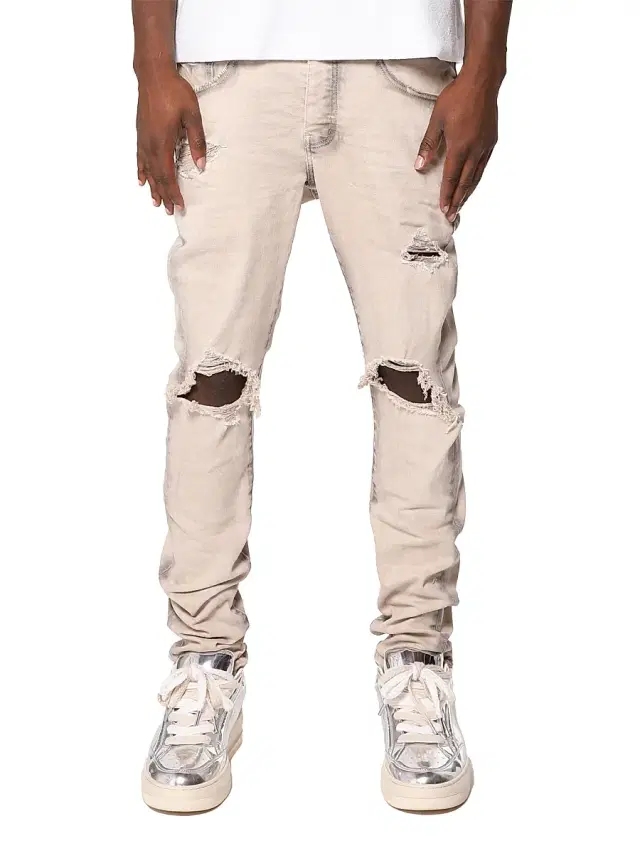 Men's Distressed Stretch Cotton Skinny Jeans - Tan