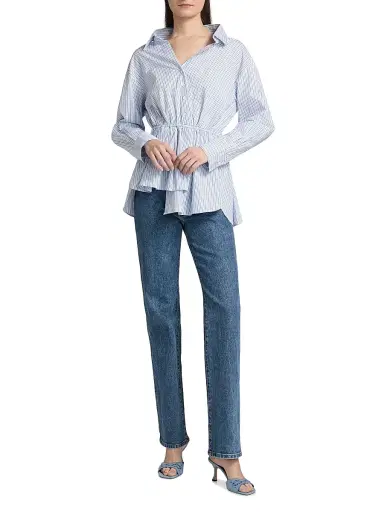 Rosie Assoulin Women's Falling Off The Shoulder Poplin Shirt - Blue Stripe | Thumbnail 2 Rosie Assoulin Women's Falling Off The Shoulder Poplin Shirt - Blue Stripe | Thumbnail 2