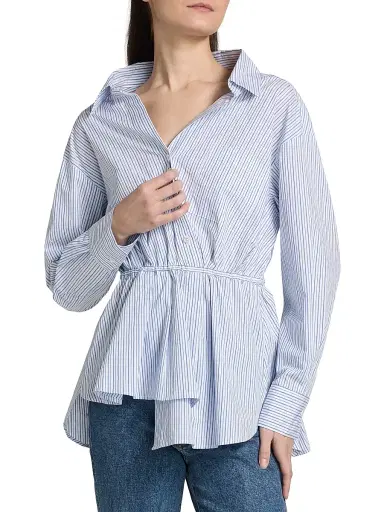 Rosie Assoulin Women's Falling Off The Shoulder Poplin Shirt - Blue Stripe | Thumbnail 3 Rosie Assoulin Women's Falling Off The Shoulder Poplin Shirt - Blue Stripe | Thumbnail 3