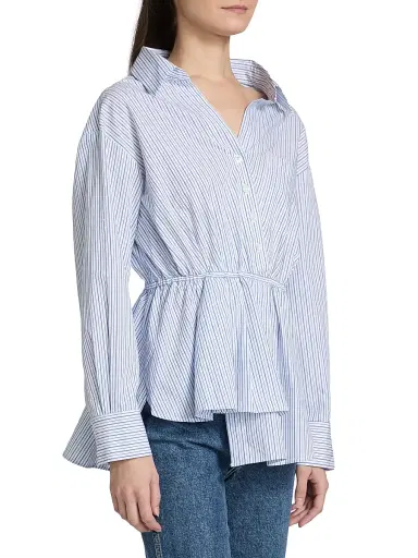 Rosie Assoulin Women's Falling Off The Shoulder Poplin Shirt - Blue Stripe | Thumbnail 4 Rosie Assoulin Women's Falling Off The Shoulder Poplin Shirt - Blue Stripe | Thumbnail 4