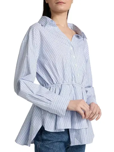 Rosie Assoulin Women's Falling Off The Shoulder Poplin Shirt - Blue Stripe | Thumbnail 6 Rosie Assoulin Women's Falling Off The Shoulder Poplin Shirt - Blue Stripe | Thumbnail 6