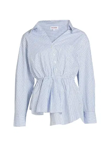 Rosie Assoulin Women's Falling Off The Shoulder Poplin Shirt - Blue Stripe | Thumbnail 1 Rosie Assoulin Women's Falling Off The Shoulder Poplin Shirt - Blue Stripe | Thumbnail 1