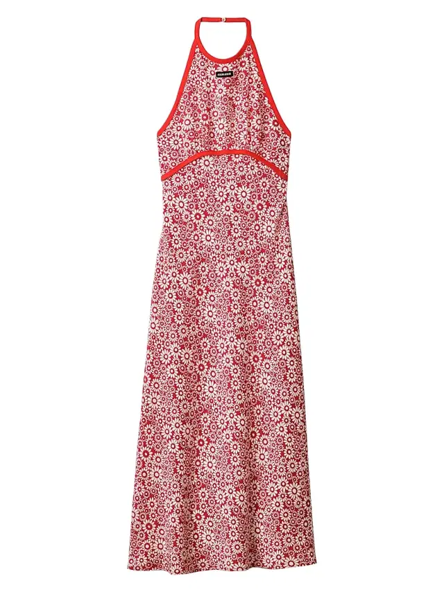 Women's Long Floral Print Crepe De Chine Dress - Red