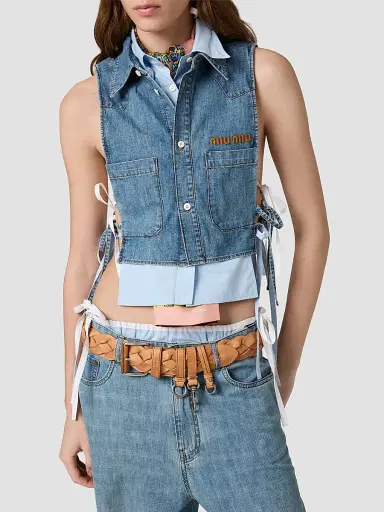 Miu Miu Women's Cropped Chambray Tie Shirt - Blue - Size 2 | Thumbnail 3