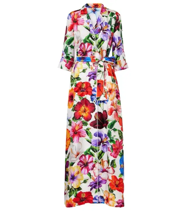 Floral belted silk satin maxi dress
