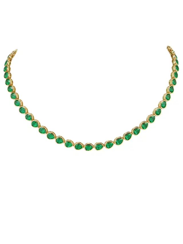 Wish Fine Jewelry 6.60ct Emerald 18K Gold Pear Bezel Choker Necklace