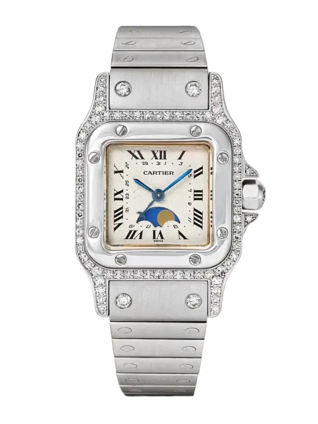 + Cartier Vintage 1980s Santos Galbée Moonphase 26mm 18-karat White Gold And Diamond Watch, Ref. No. 9800 (fits Up To 6.2'' Wrist)