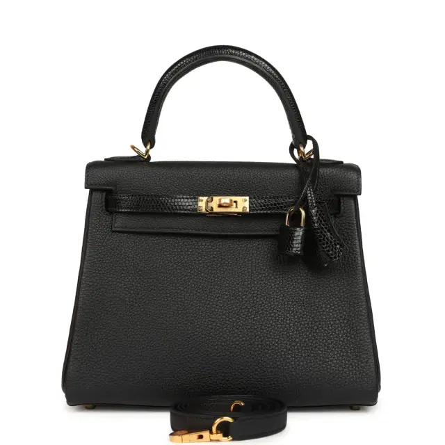 Hermes Kelly Retourne 25 Black Togo and Varanus Niloticus Lizard Touch Gold Hardware Hermes Kelly Retourne 25 Black Togo and Varanus Niloticus Lizard Touch Gold Hardware