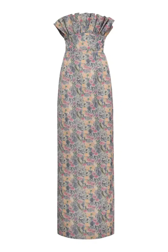 Markarian Demetra Watercolor Floral Ikat Ruffled Bodice Gown
