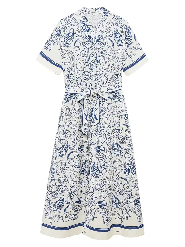 Women's Audria Printed Linen-Blend Belted Midi-Shirtdress - Blueberry Multi
