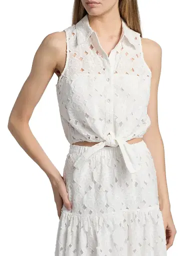 Cara Cara Women's Highland Tie-Hem Cotton Crop Top - Trellis Eyelet White | Thumbnail 3
