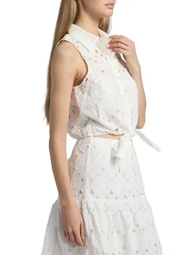 Cara Cara Women's Highland Tie-Hem Cotton Crop Top - Trellis Eyelet White | Thumbnail 4