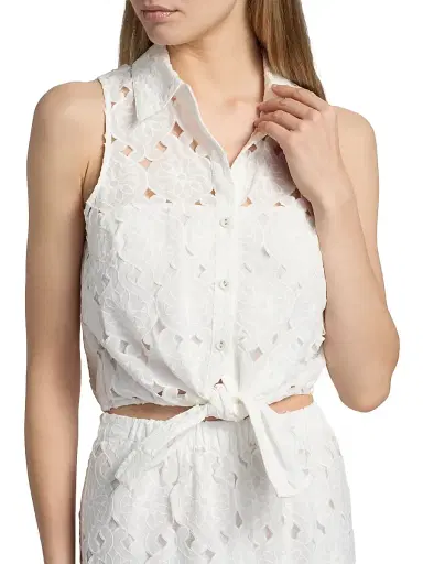 Cara Cara Women's Highland Tie-Hem Cotton Crop Top - Trellis Eyelet White | Thumbnail 6