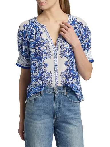 Alice + Olivia Women's Thalia Rococo Cotton-SIlk Puff-Sleeve Blouse - Solstice - Size XL | Thumbnail 3