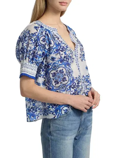 Alice + Olivia Women's Thalia Rococo Cotton-SIlk Puff-Sleeve Blouse - Solstice - Size XL | Thumbnail 4