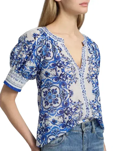 Alice + Olivia Women's Thalia Rococo Cotton-SIlk Puff-Sleeve Blouse - Solstice - Size XL | Thumbnail 6