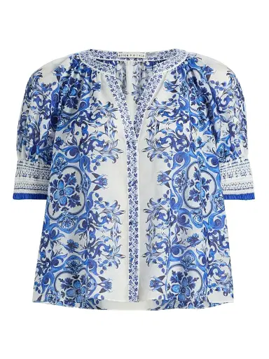 Alice + Olivia Women's Thalia Rococo Cotton-SIlk Puff-Sleeve Blouse - Solstice - Size XL | Thumbnail 1