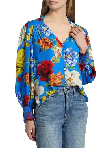 Alice + Olivia Women's Serena Floral Button-Front Blouse - Endless Blossom Blue Iris - Size XL | Thumbnail 3
