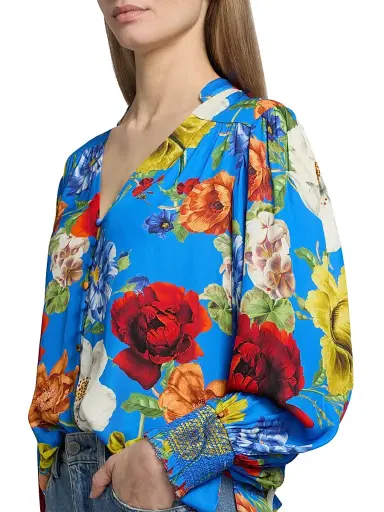Alice + Olivia Women's Serena Floral Button-Front Blouse - Endless Blossom Blue Iris - Size XL | Thumbnail 6