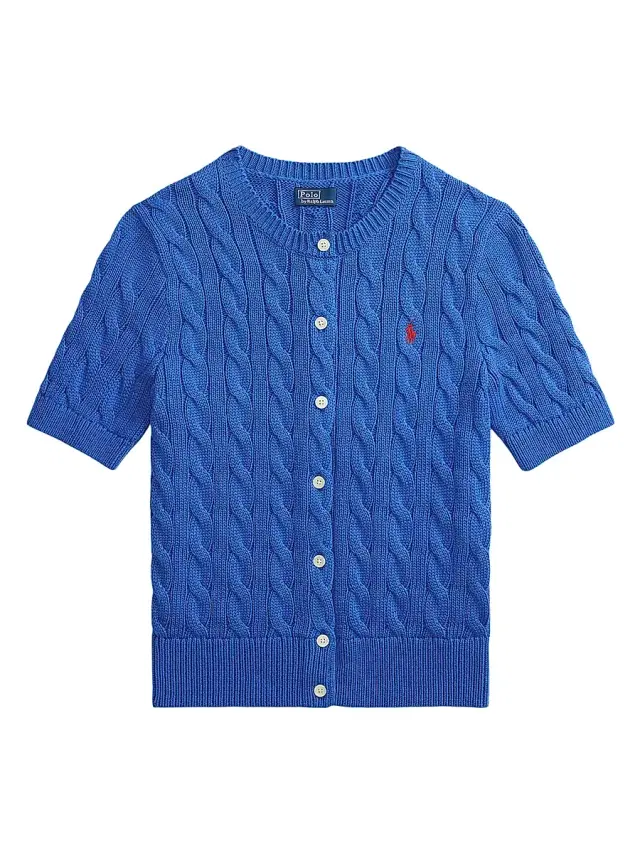Women's Cable-Knit Cotton Crewneck Cardigan - Gala Blue