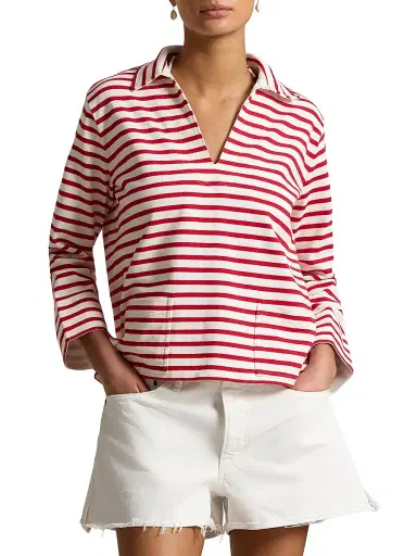 Polo Ralph Lauren Women's Mariner Striped Cotton Long-Sleeve Polo Shirt - Red Deckwash White | Thumbnail 3