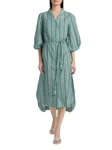 Verandah Women's Toda Tie-Waist Printed Cotton Poplin A-Line Shirtdress - Ice Blue And Emerald Toda | Thumbnail 2