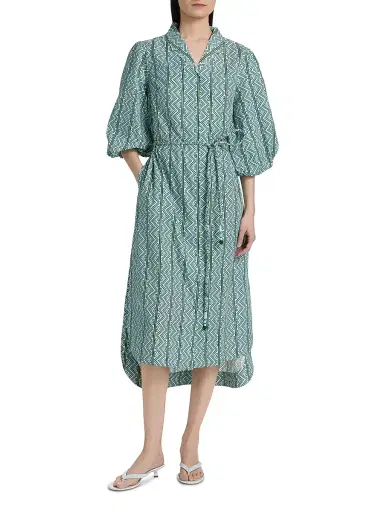 Verandah Women's Toda Tie-Waist Printed Cotton Poplin A-Line Shirtdress - Ice Blue And Emerald Toda | Thumbnail 3