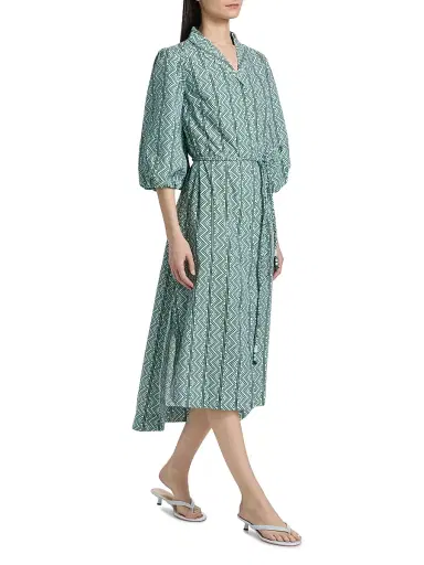 Verandah Women's Toda Tie-Waist Printed Cotton Poplin A-Line Shirtdress - Ice Blue And Emerald Toda | Thumbnail 4