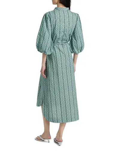 Verandah Women's Toda Tie-Waist Printed Cotton Poplin A-Line Shirtdress - Ice Blue And Emerald Toda | Thumbnail 5