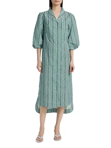 Verandah Women's Toda Tie-Waist Printed Cotton Poplin A-Line Shirtdress - Ice Blue And Emerald Toda | Thumbnail 6