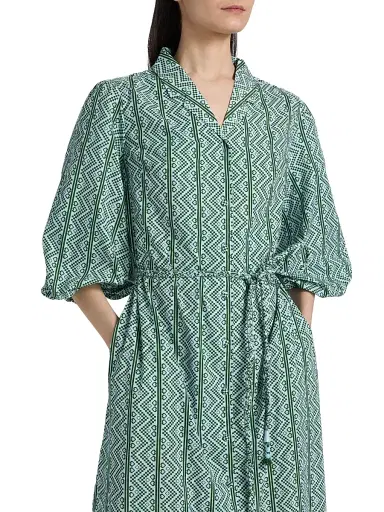Verandah Women's Toda Tie-Waist Printed Cotton Poplin A-Line Shirtdress - Ice Blue And Emerald Toda | Thumbnail 7