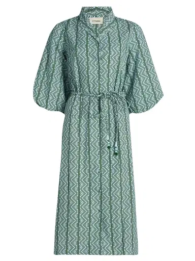 Verandah Women's Toda Tie-Waist Printed Cotton Poplin A-Line Shirtdress - Ice Blue And Emerald Toda | Thumbnail 1