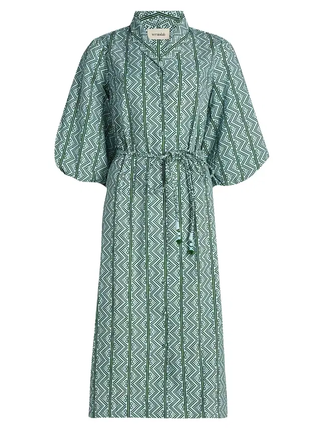 Women's Toda Tie-Waist Printed Cotton Poplin A-Line Shirtdress - Ice Blue And Emerald Toda