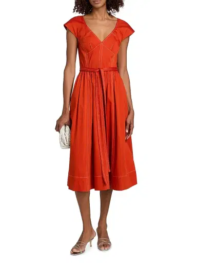 Jason Wu Collection Women's Contast-Stitch Cotton Belted Midi-Dress - Dark Apricot - Size 14 | Thumbnail 3 Jason Wu Collection Women's Contast-Stitch Cotton Belted Midi-Dress - Dark Apricot - Size 14 | Thumbnail 3