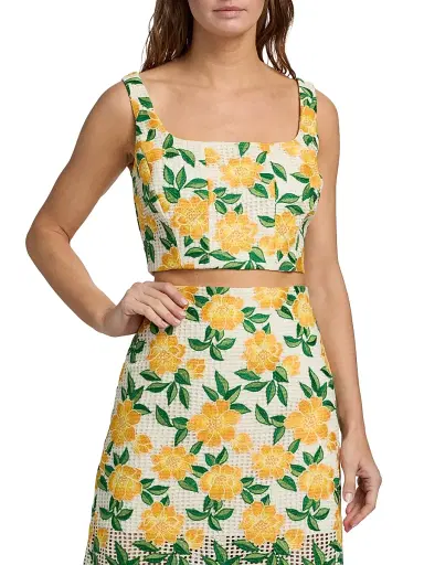 Milly Women's Mel Floral Embroidered Crop Top - Yellow Green | Thumbnail 3 Milly Women's Mel Floral Embroidered Crop Top - Yellow Green | Thumbnail 3