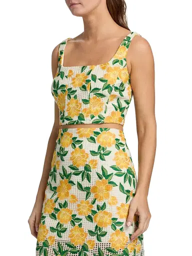 Milly Women's Mel Floral Embroidered Crop Top - Yellow Green | Thumbnail 4 Milly Women's Mel Floral Embroidered Crop Top - Yellow Green | Thumbnail 4