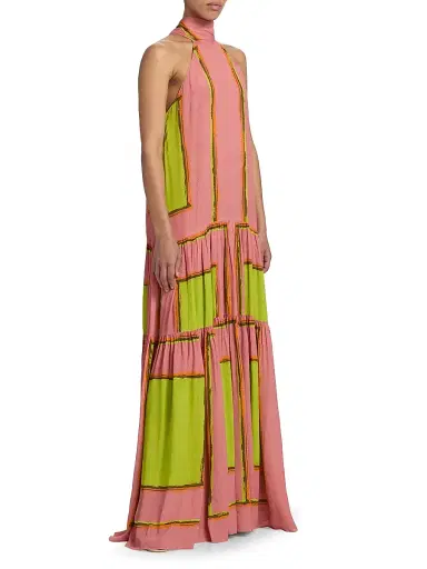 Silvia Tcherassi Women's Dorelia Geometric Halterneck Maxi Dress - Neon Blossom - Size Medium | Thumbnail 4