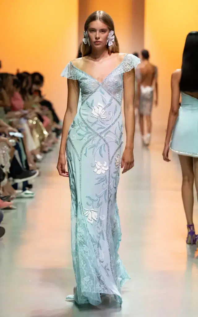 Lace-Paneled Geogette Maxi Dress