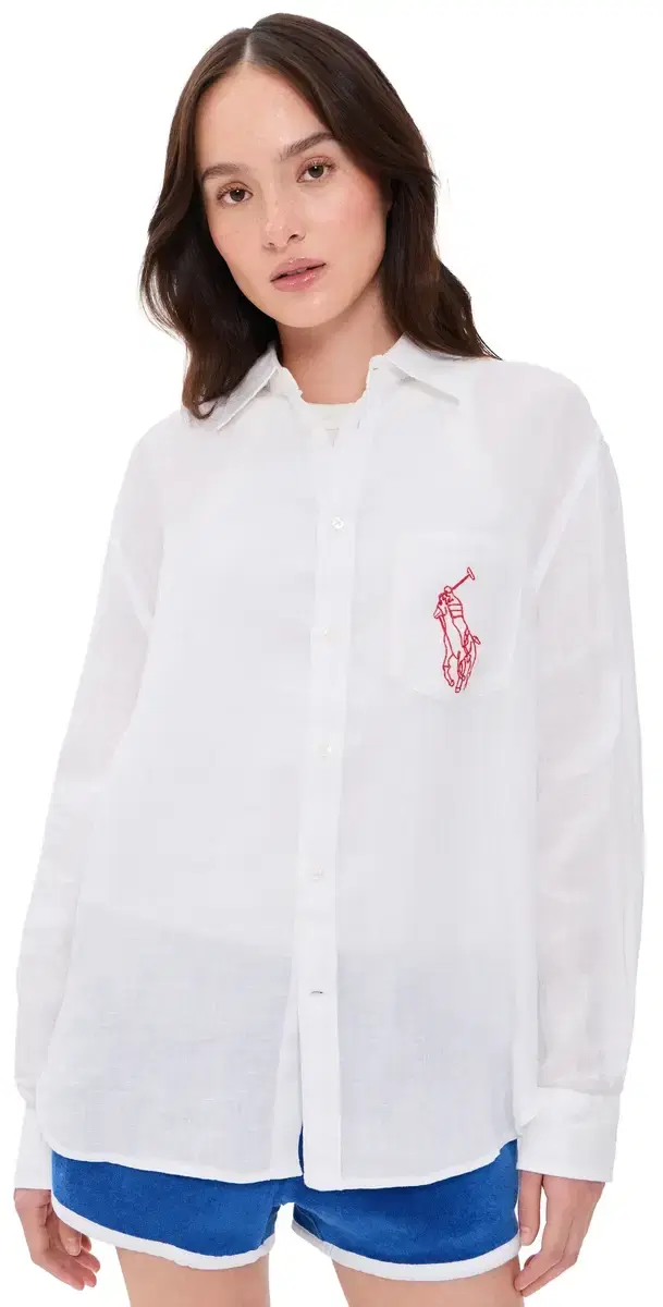 Embroidered Pocket Linen Button Down Classic Oxford White
