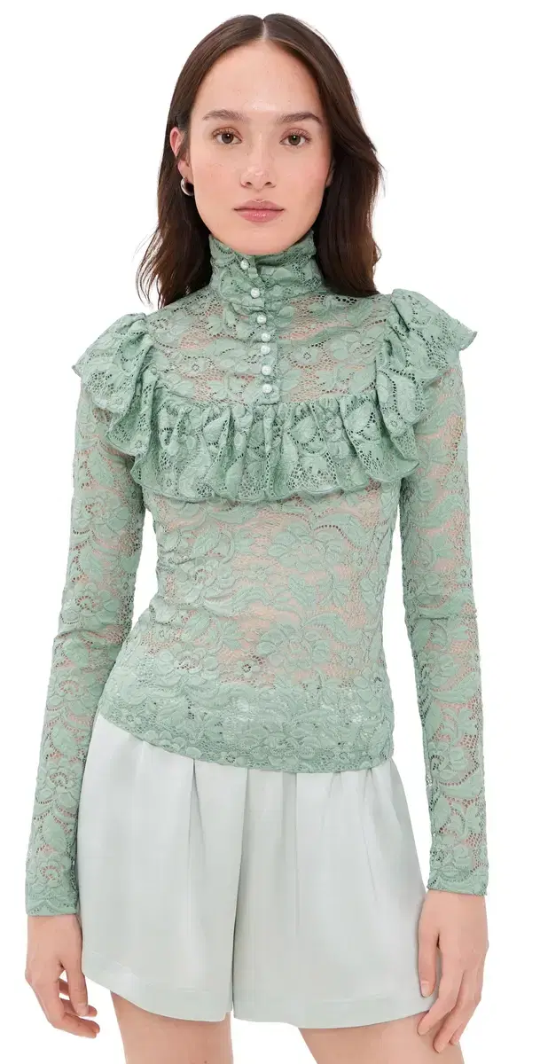House of Aama High Neck Lace Top Mint