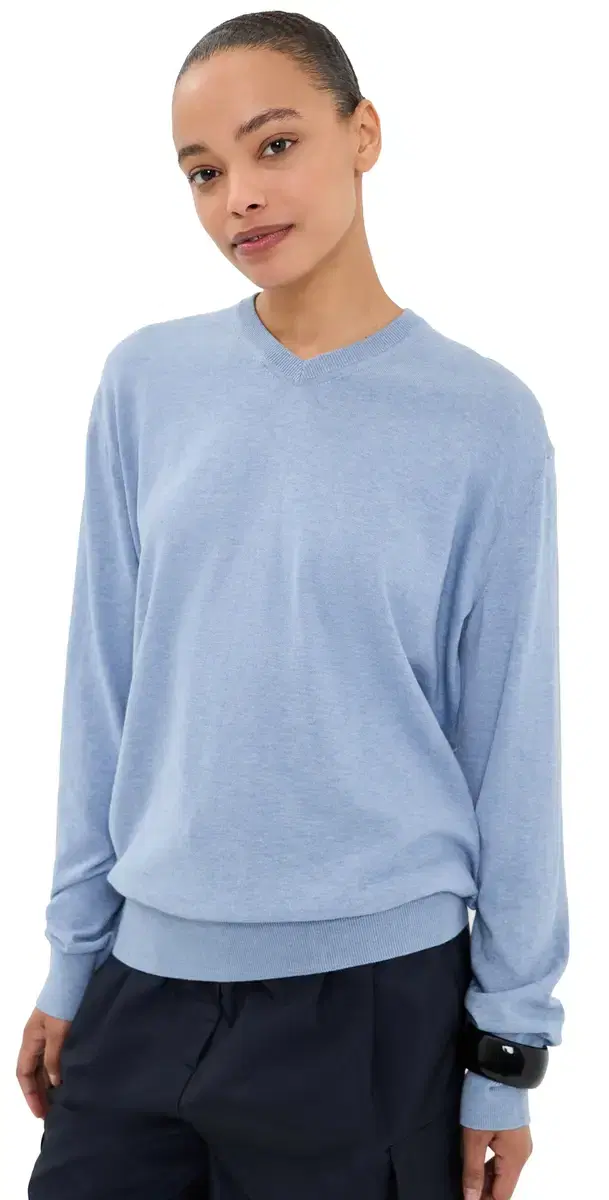 Tibi Super Fine Gauge Perfect V Neck Pullover Blue elange