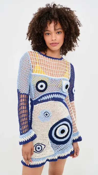 Leslie Amon Dream Evil Eye Crochet Dress White And Blue S | Thumbnail 2