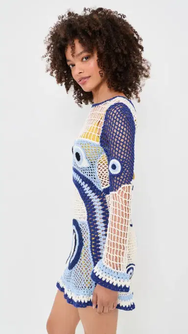 Leslie Amon Dream Evil Eye Crochet Dress White And Blue S | Thumbnail 4