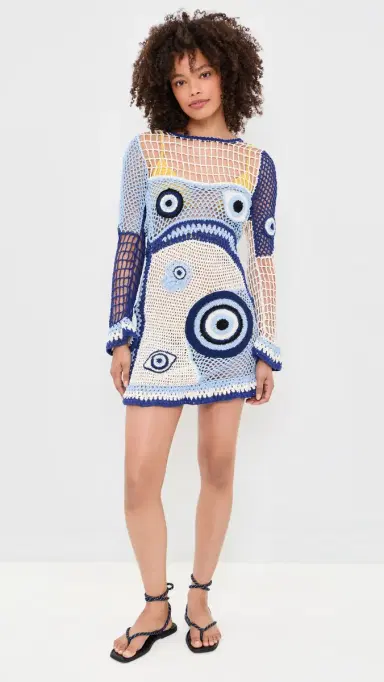 Leslie Amon Dream Evil Eye Crochet Dress White And Blue S | Thumbnail 5