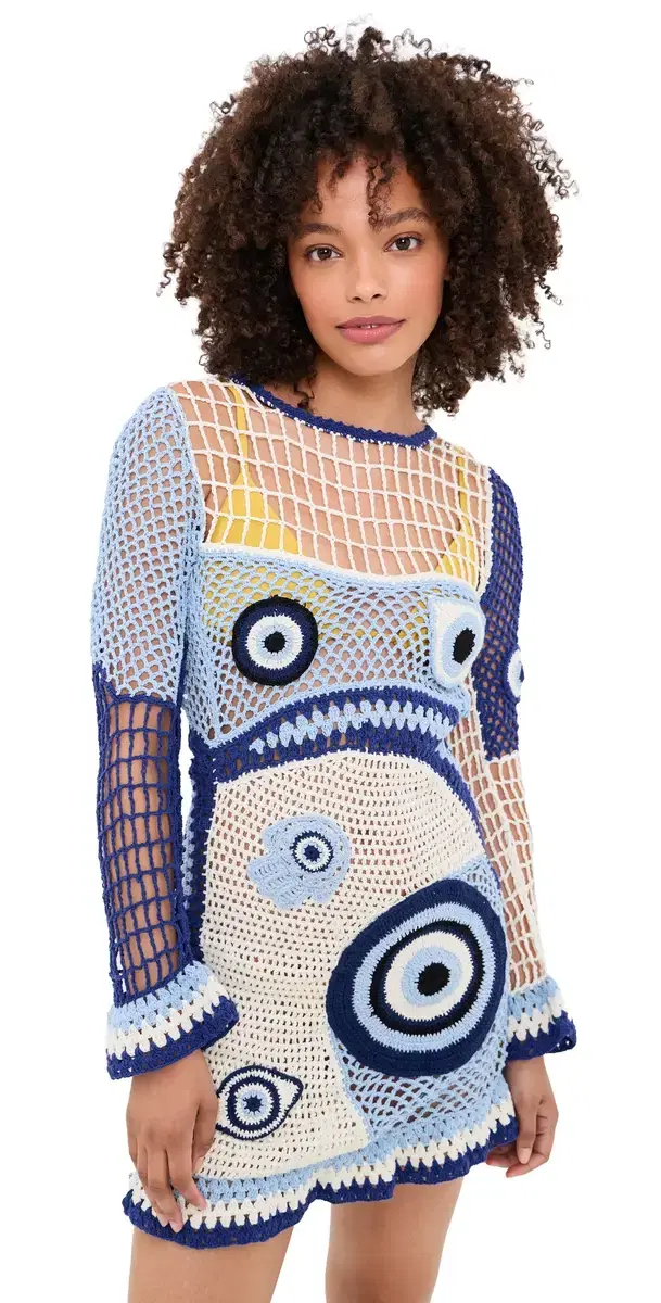Leslie Amon Dream Evil Eye Crochet Dress White And Blue