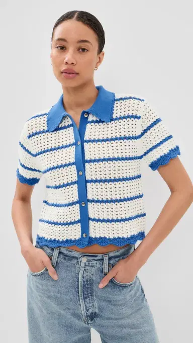 ALICE + OLIVIA Randall Pointelle Polo Cardigan Blue Iris/White | Thumbnail 2