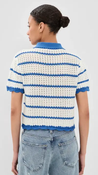 ALICE + OLIVIA Randall Pointelle Polo Cardigan Blue Iris/White | Thumbnail 3