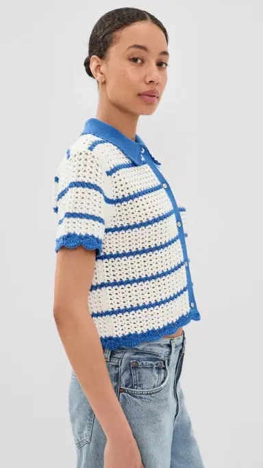 ALICE + OLIVIA Randall Pointelle Polo Cardigan Blue Iris/White | Thumbnail 4